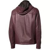 Mens Maroon Hooded Leather Zip Up Jacket